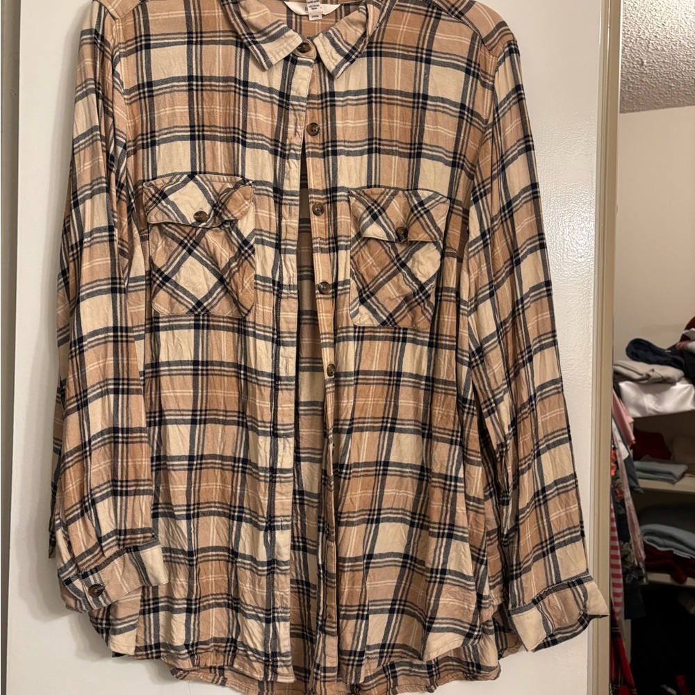 Terra & Sky Tan and Black Plaid Casual Shirt